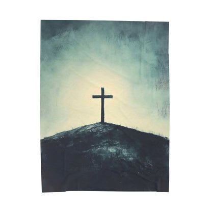 Cross on Hill Velveteen Plush Blanket — close-up of the printed blanket design