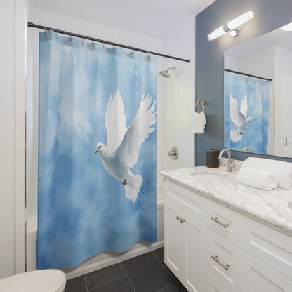 Bathroom with white cabinets and a shower curtain featuring a white dove on a blue watercolor background