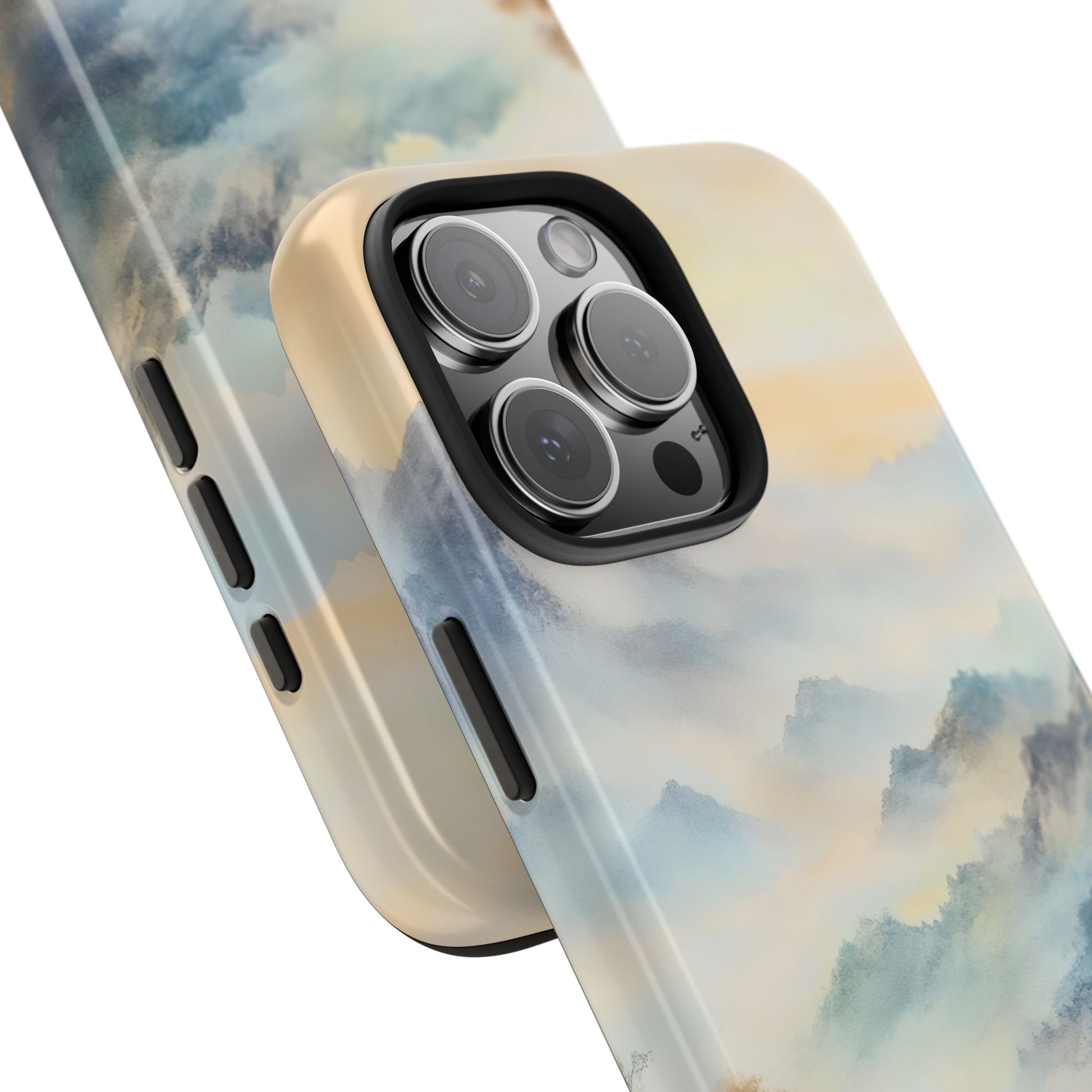 Phone case with soft pastel abstract cloud design and close-up camera lens cutout