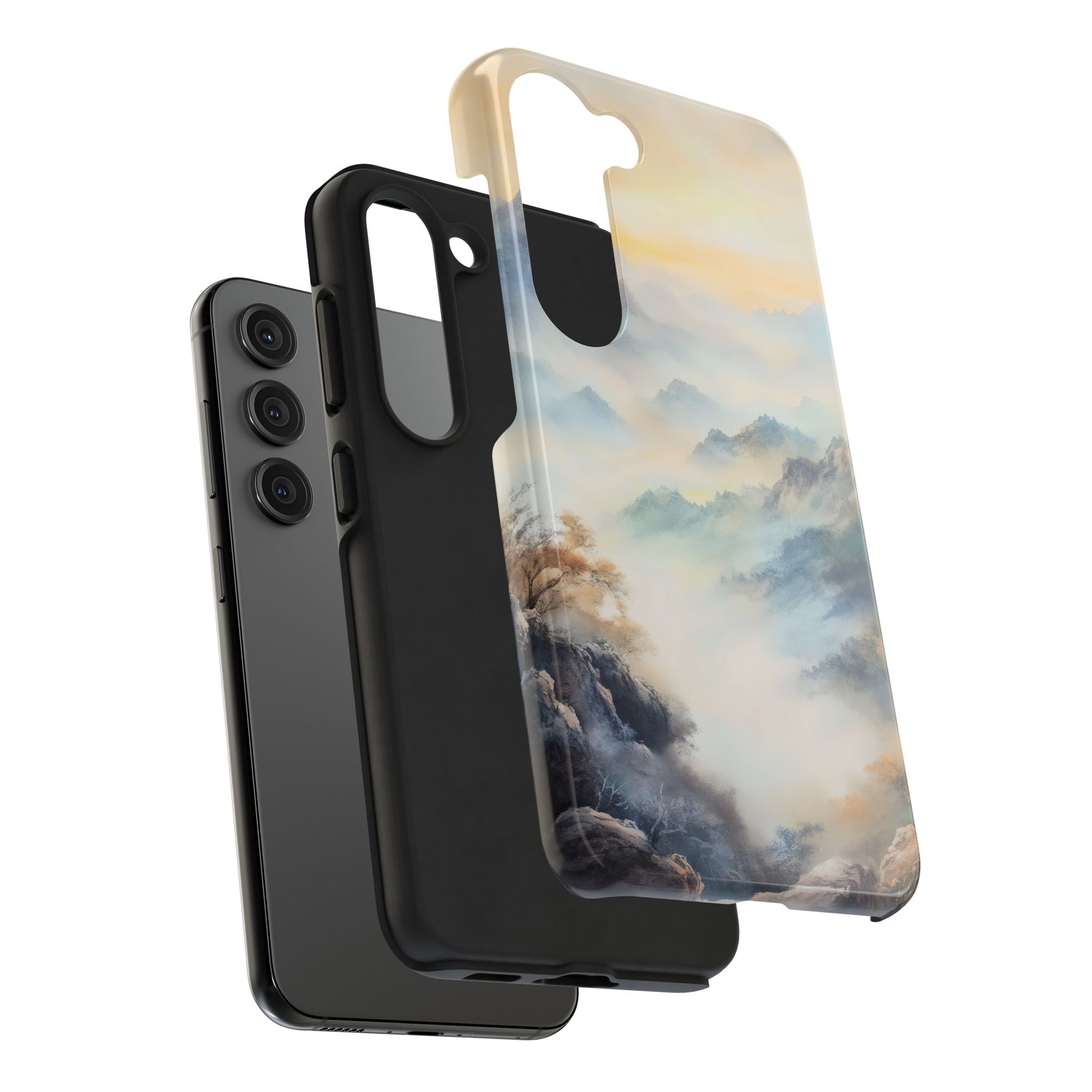 Phone case with serene mountain landscape design in soft pastel colors, compatible with modern smartphone