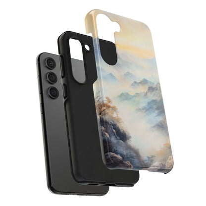 Phone case with serene mountain landscape design in soft pastel colors, compatible with modern smartphone