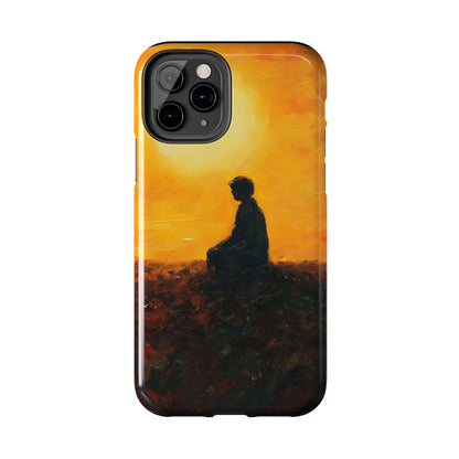Phone case with silhouette of person meditating at sunset, spiritual art design