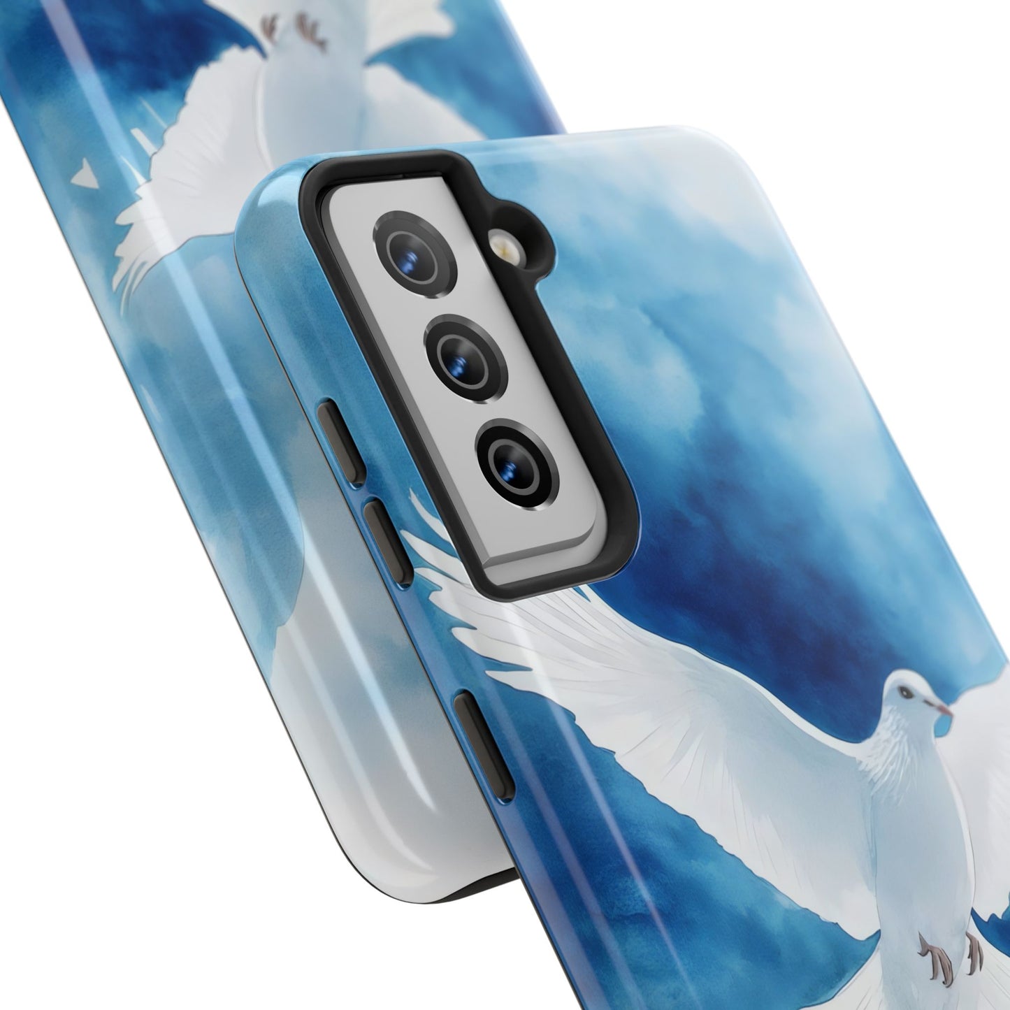 Phone case with white dove illustration against a blue sky, Christian inspired art