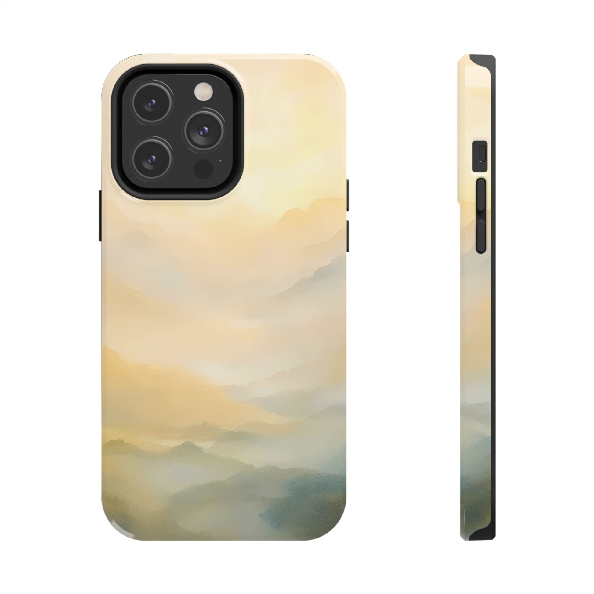 Phone case with soft pastel mountain landscape and serene sky design