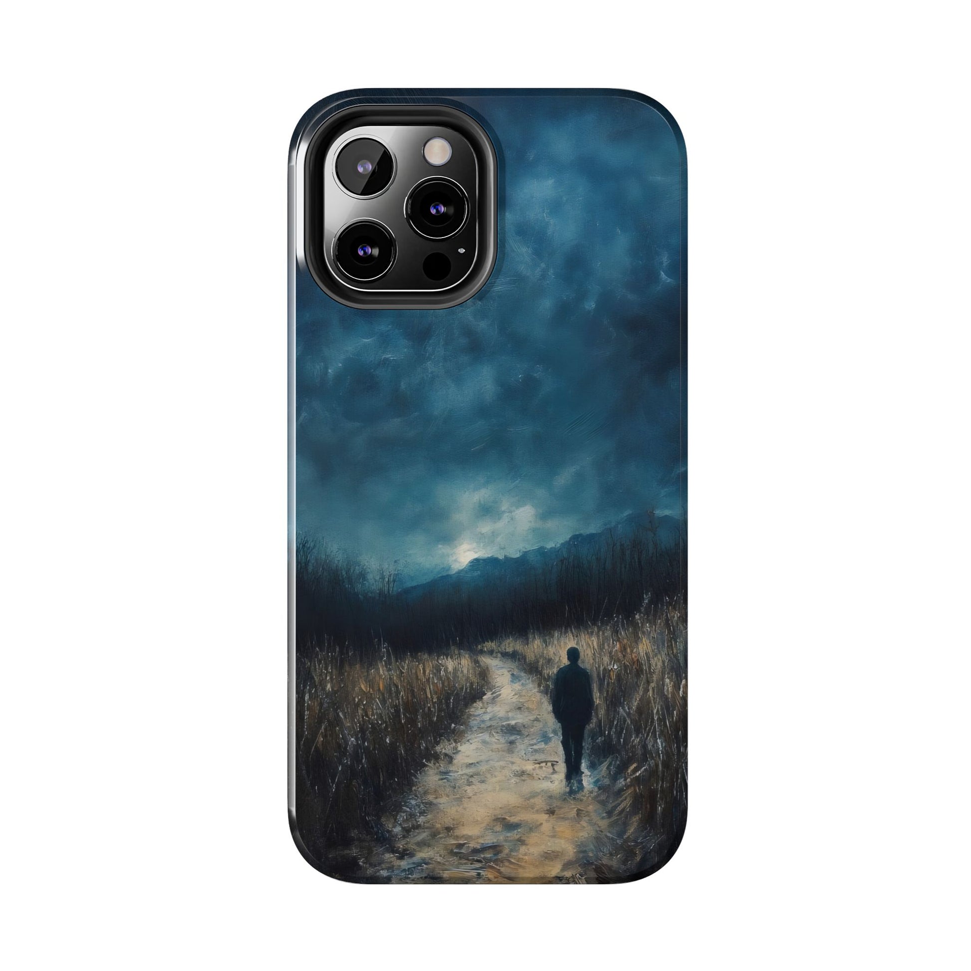 Phone case with a silhouette walking on a serene path under a dramatic cloudy sky