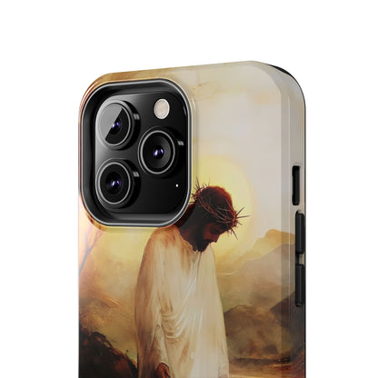 Christian phone case with artwork of Jesus wearing a crown of thorns, sunset background