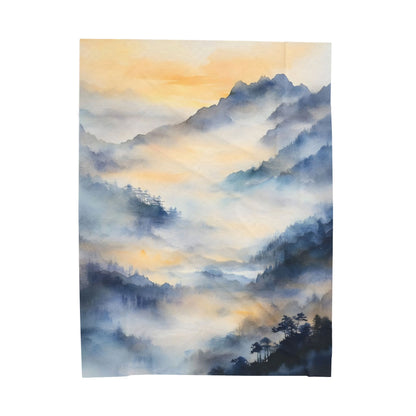 Misty Mountain Landscape Velveteen Plush Blanket — close-up of the printed blanket design