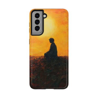 Phone case with silhouette of person meditating at sunset, spiritual and mindful art design