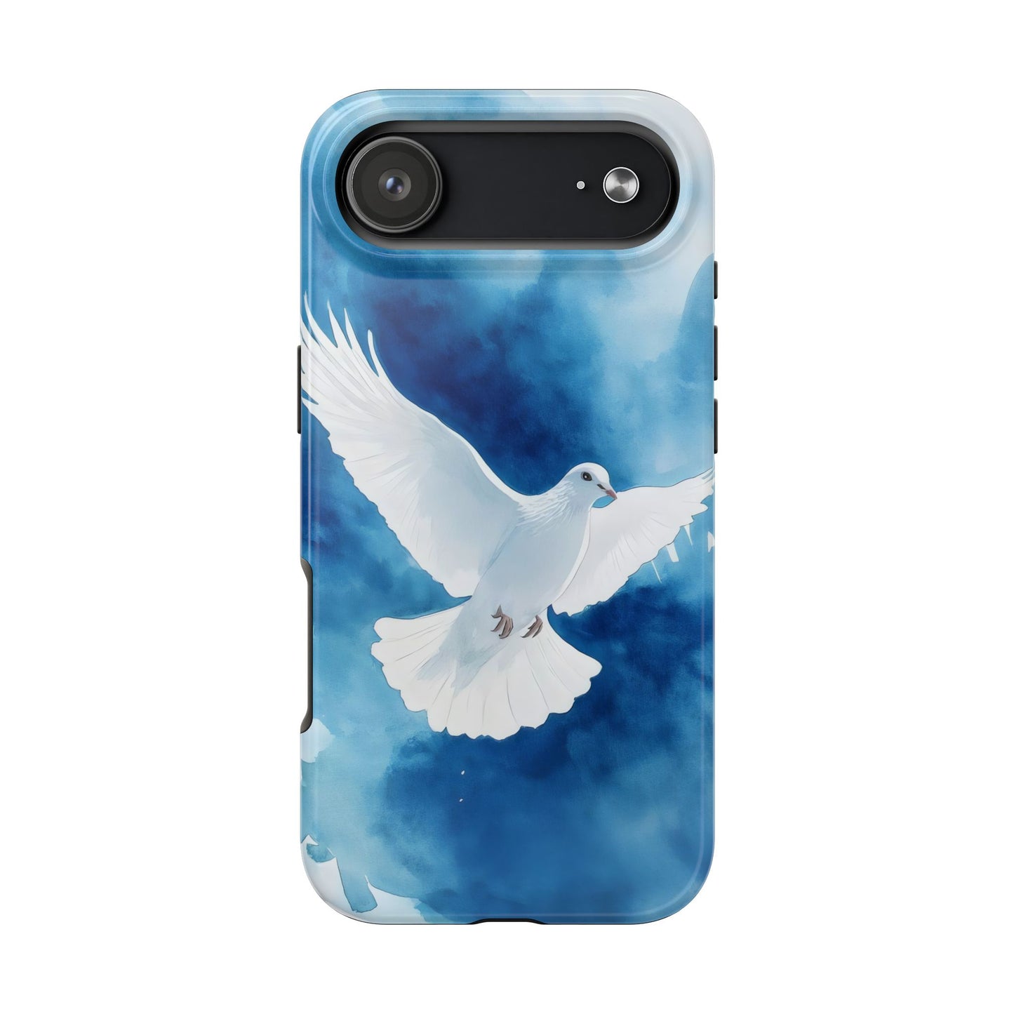 Phone case featuring a white dove in flight on a blue watercolor background, faith-inspired design