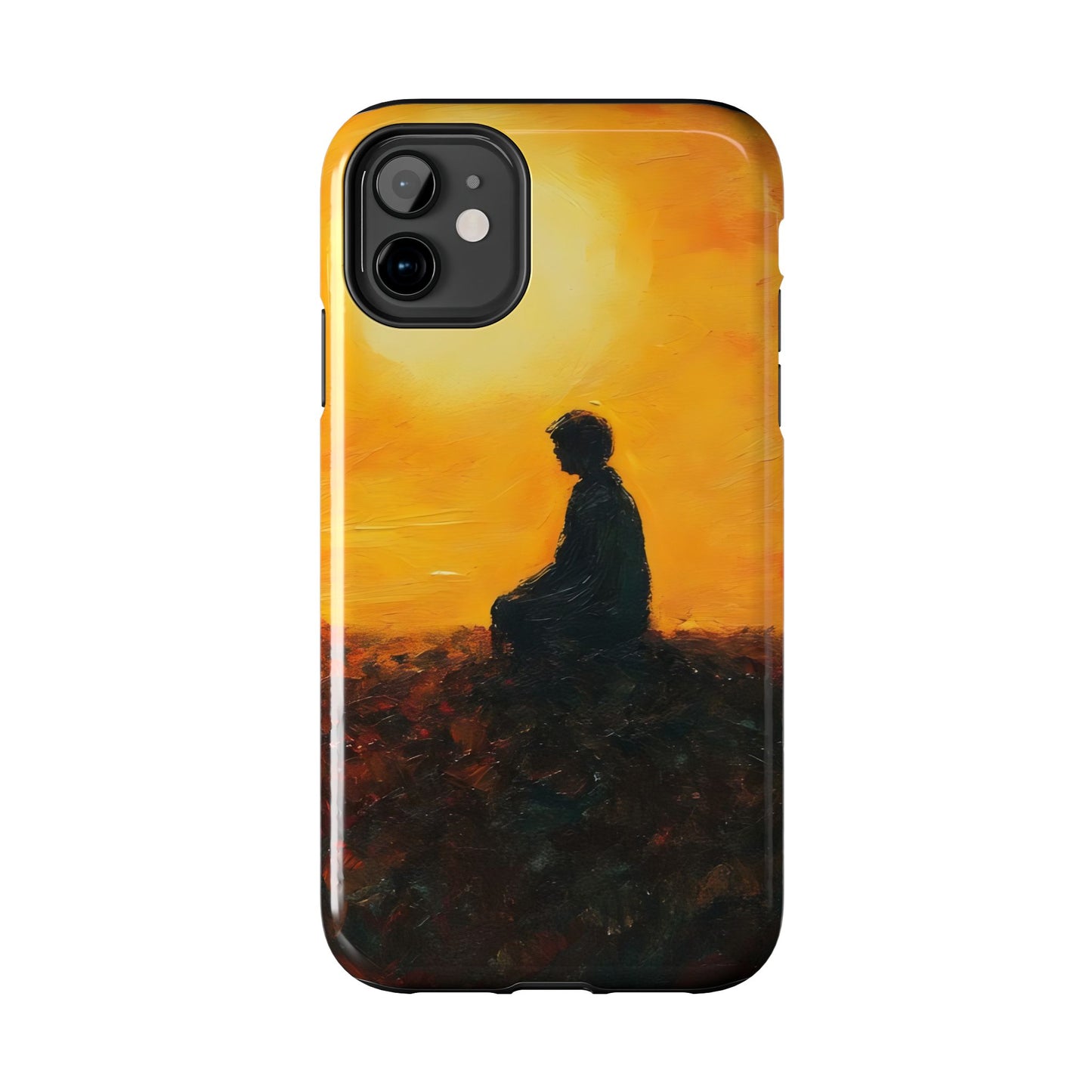 Phone case with silhouette of person meditating at sunset, spiritual art design