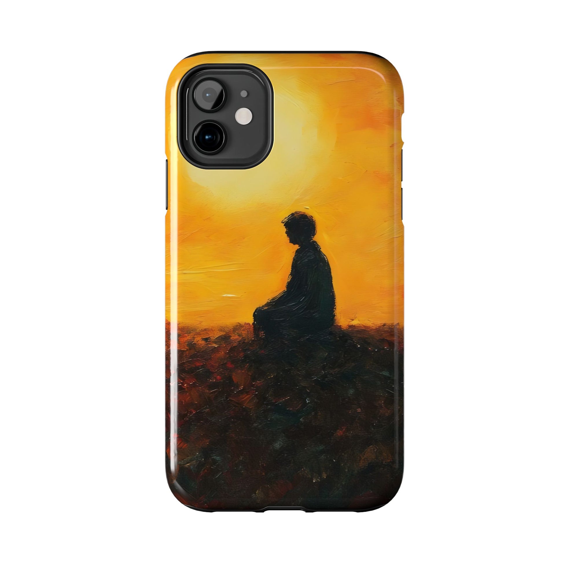 Phone case with silhouette of person meditating at sunset, spiritual art design
