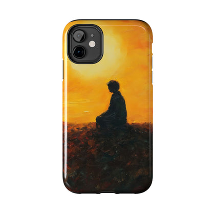 Phone case with silhouette of person meditating at sunset, spiritual art design