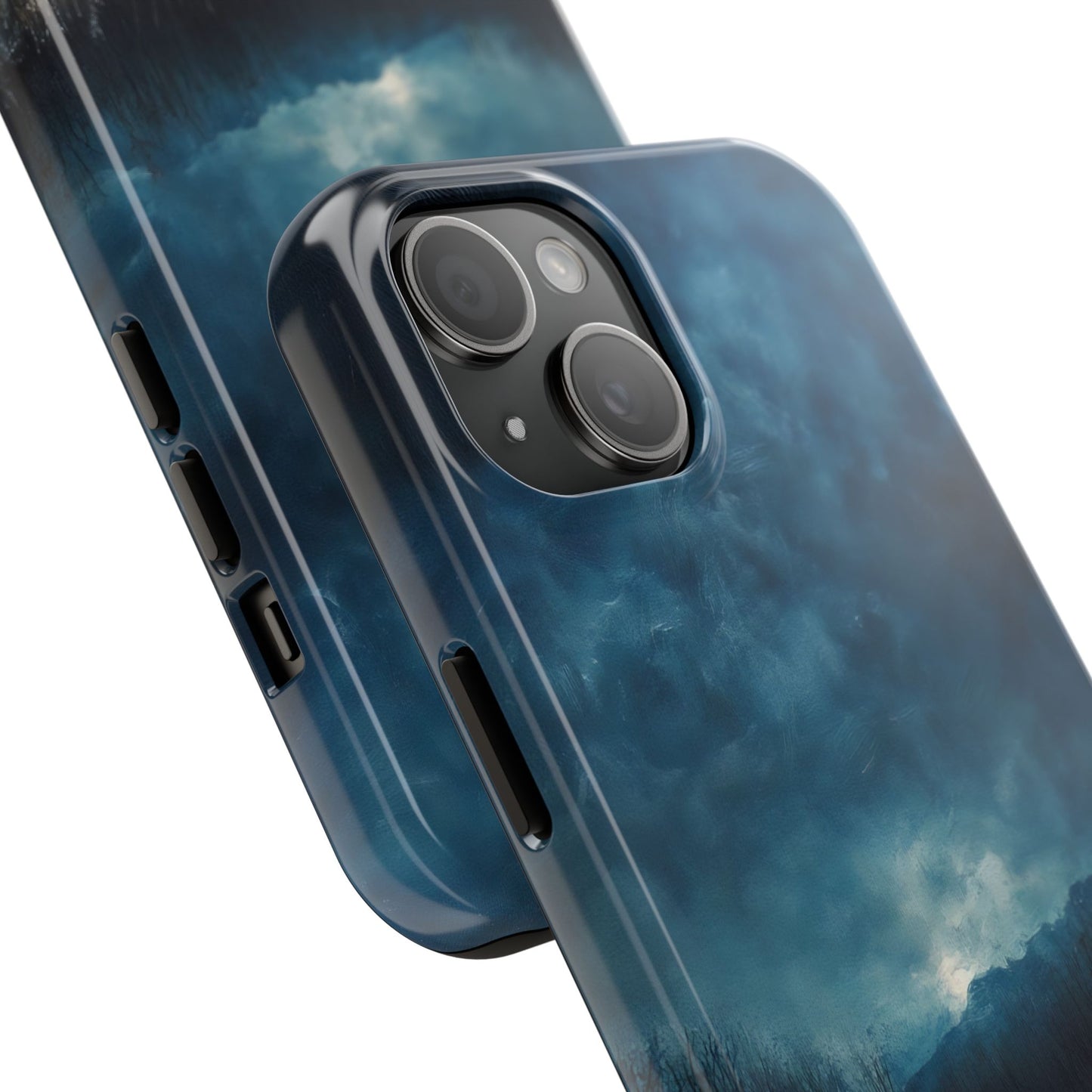 Close-up of smartphone case with blue cloud and sky art, modern inspirational accessory