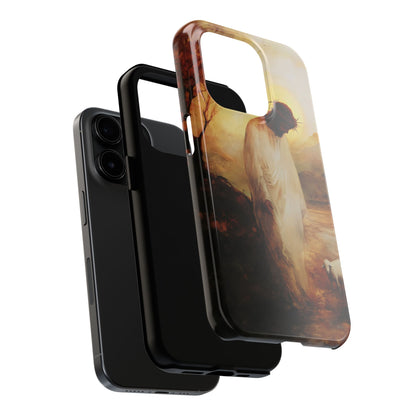 Christian phone case featuring Jesus and a lamb, inspirational faith art on protective cover