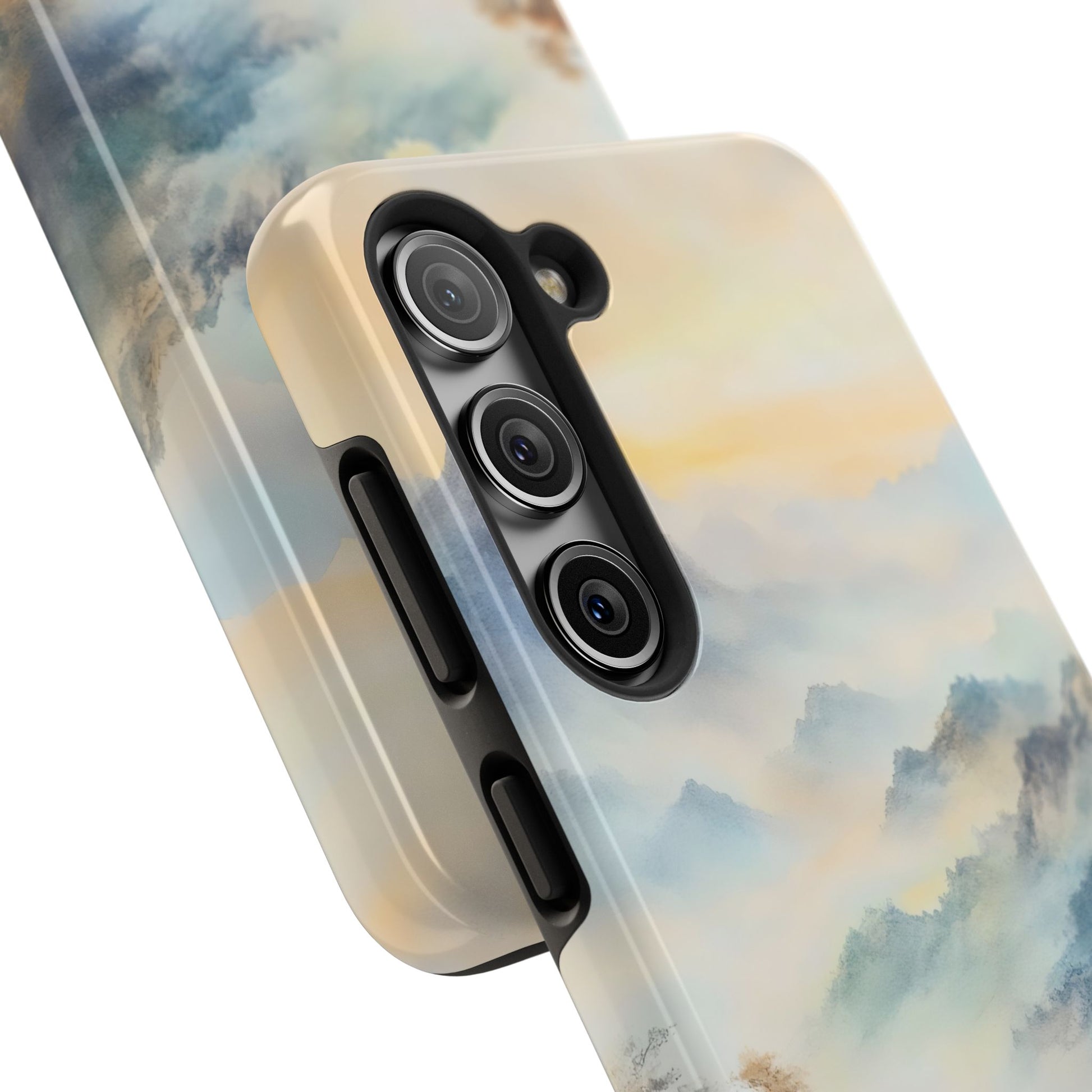 Phone case with serene misty mountain landscape art in soft pastel colors