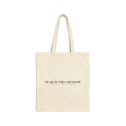 Beige cotton tote bag with inspirational Christian quote in black text on front
