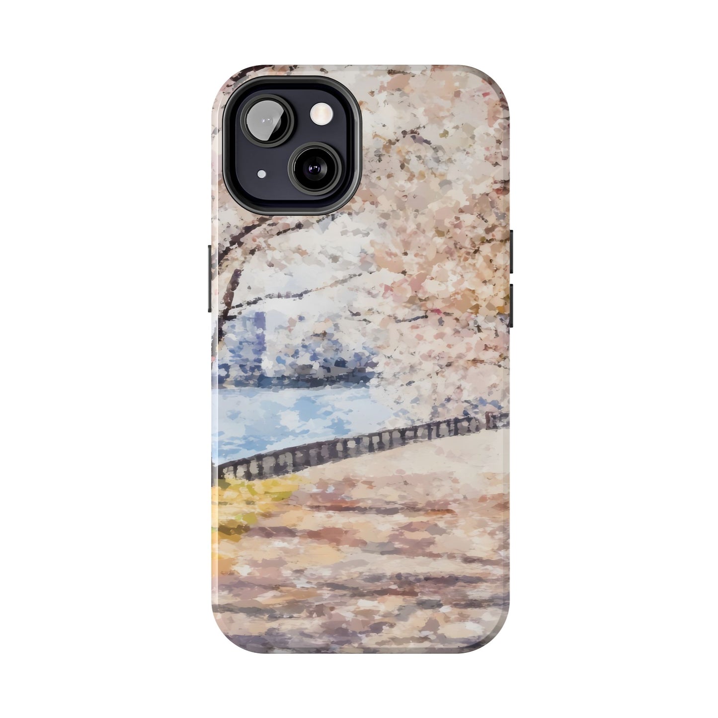 iPhone case with pastel impressionist painting of cherry blossom trees by a riverside path