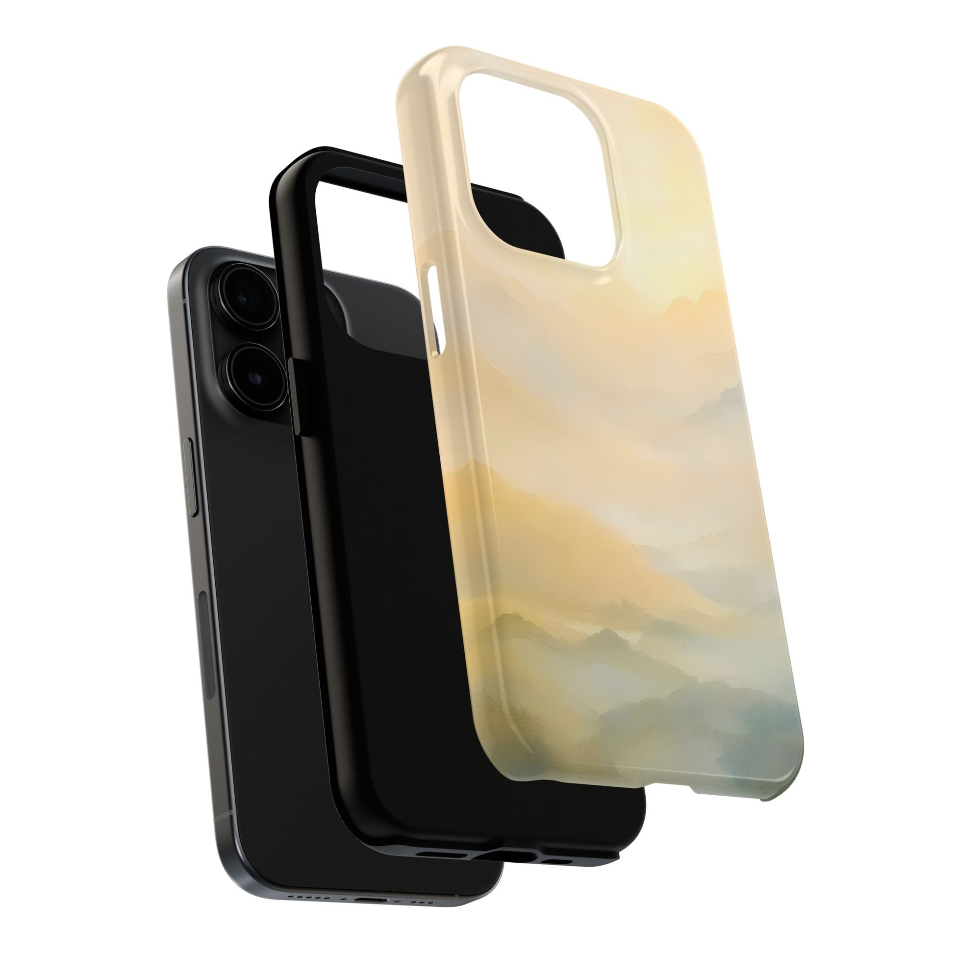 iPhone case with serene pastel mountain landscape design, shown with black phone and case