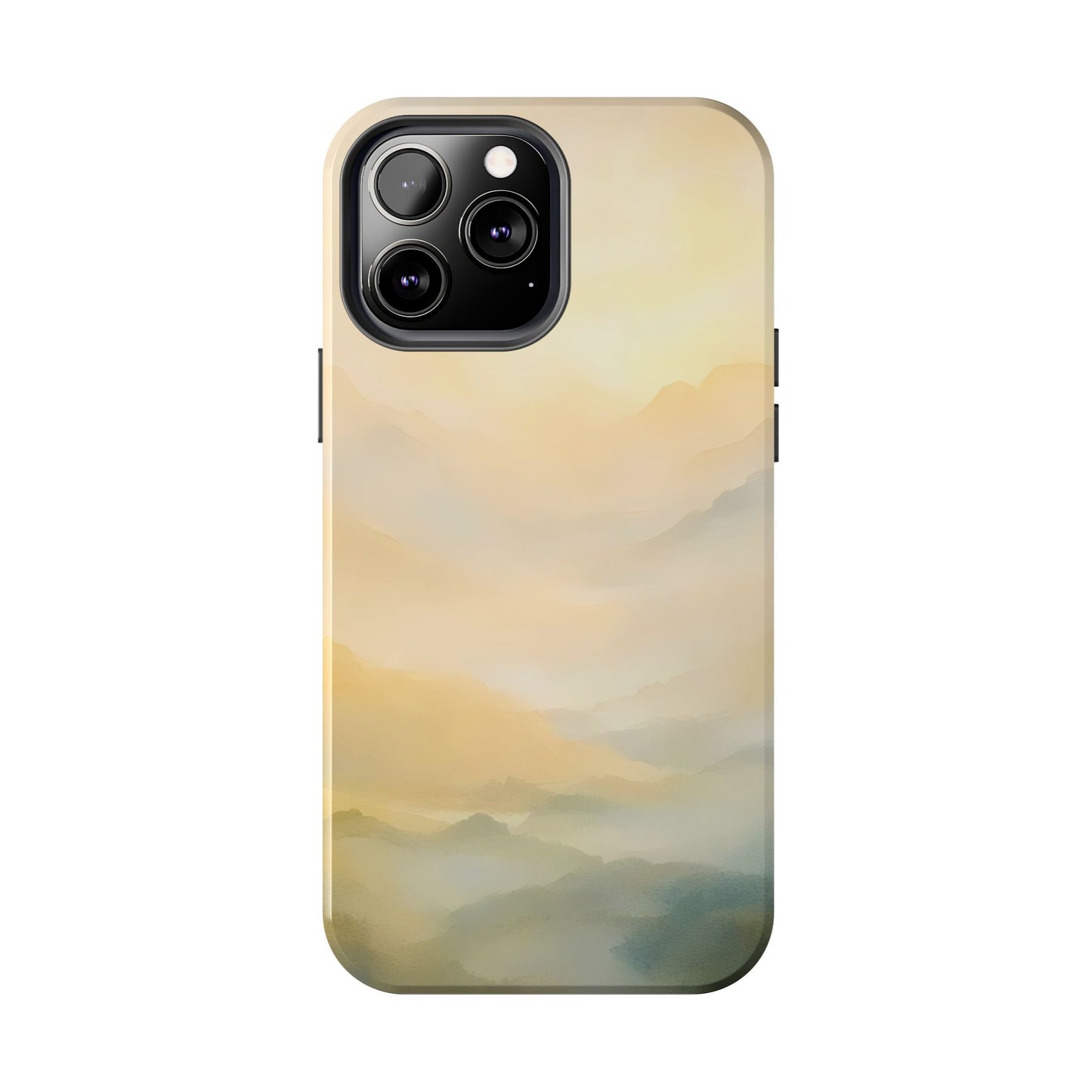 Phone case with serene pastel mountain landscape, minimalist Christian-inspired design
