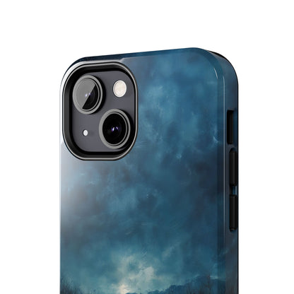 Phone case with moody blue cloud art, spiritual sky scene, Christian inspired design