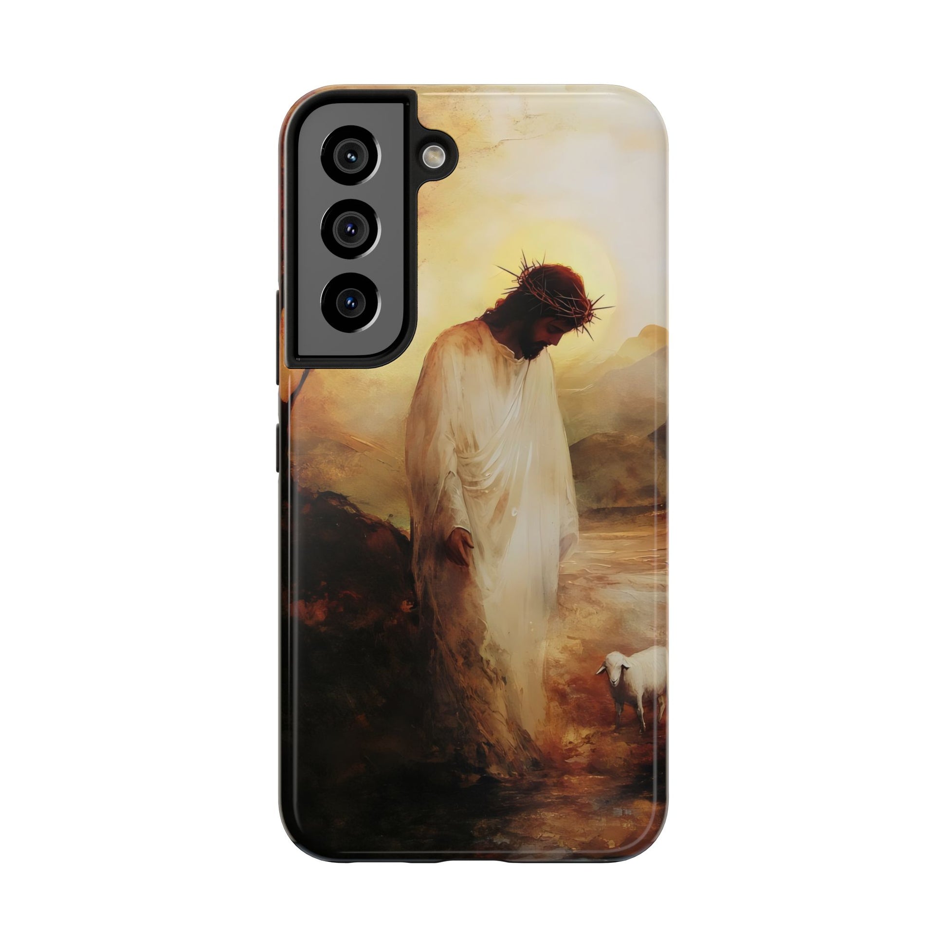 Christian phone case featuring Jesus with crown of thorns and lamb, spiritual art design