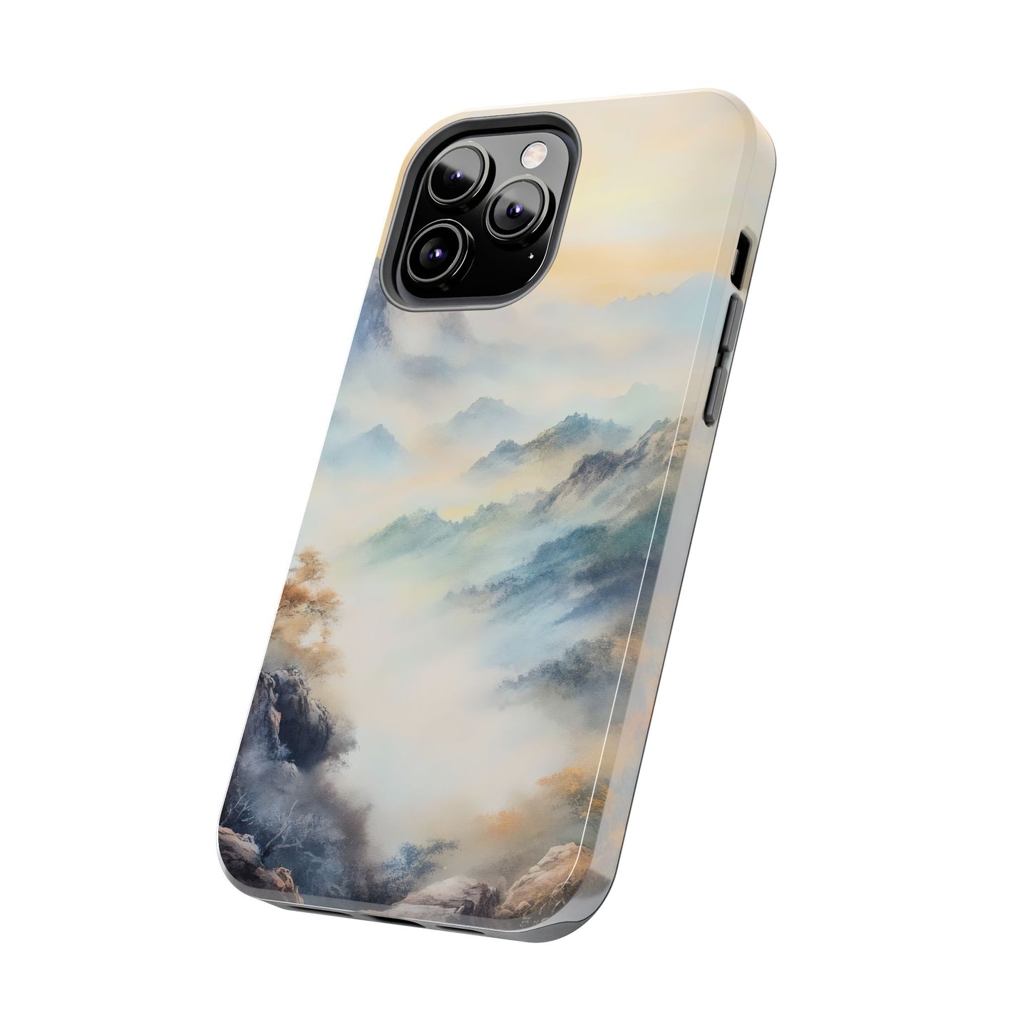 Phone case with serene mountain landscape and misty sky watercolor design