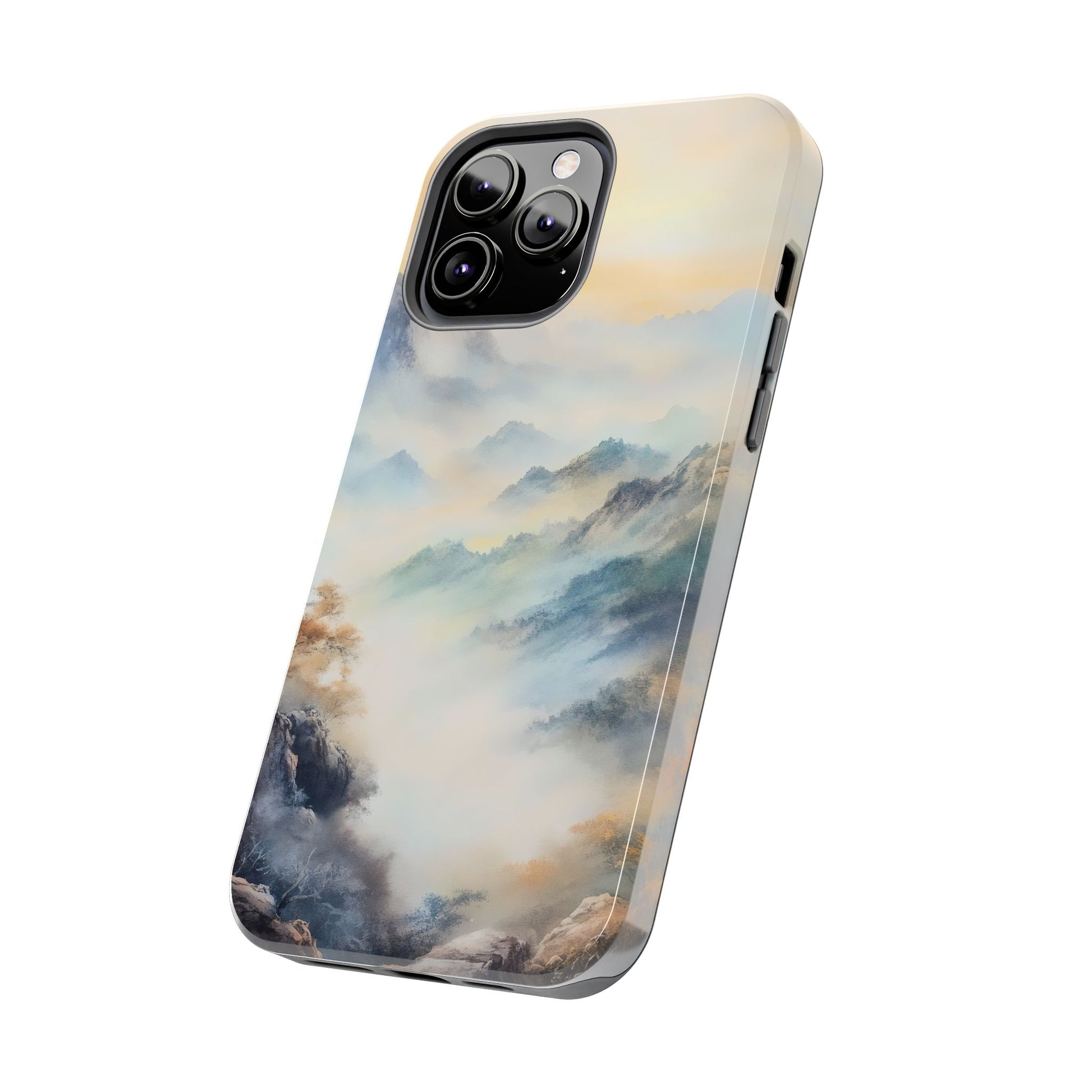 Phone case with serene mountain landscape and misty sky watercolor design