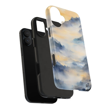 Phone case with serene mountain landscape art in soft blue and gold tones, minimalist style
