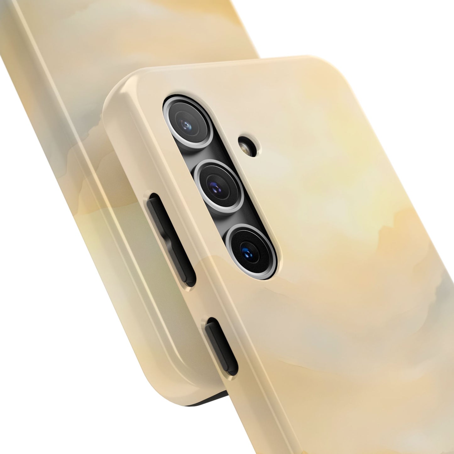 Close-up of smartphone with abstract beige and cream marble phone case, sleek protection