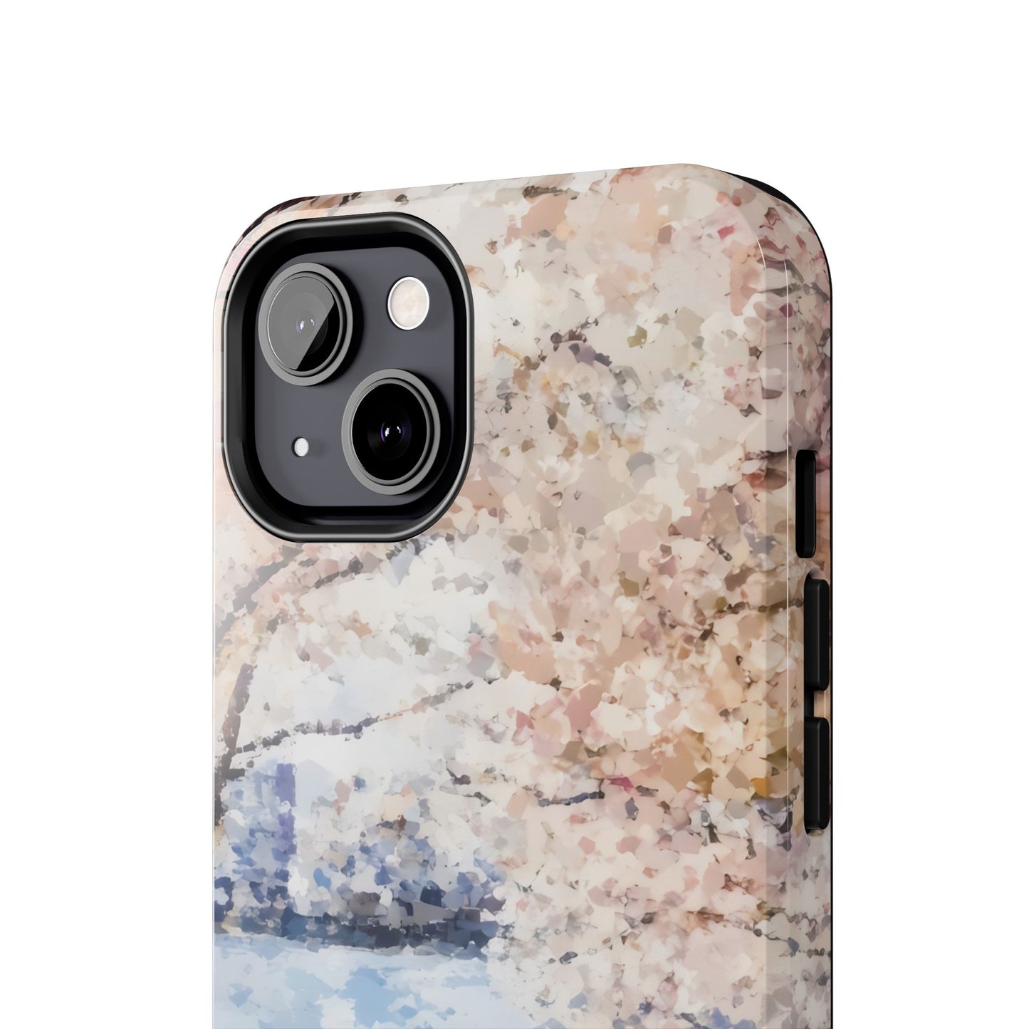 Phone case with abstract cherry blossom art in soft pastel colors