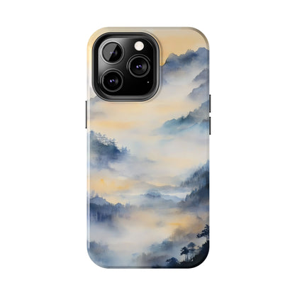 Phone case with serene watercolor mountain landscape in blue and gold tones, misty forest design