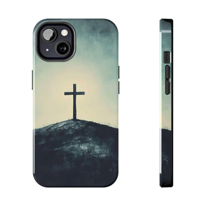 Christian cross on hill minimalist phone case, faith-inspired spiritual design