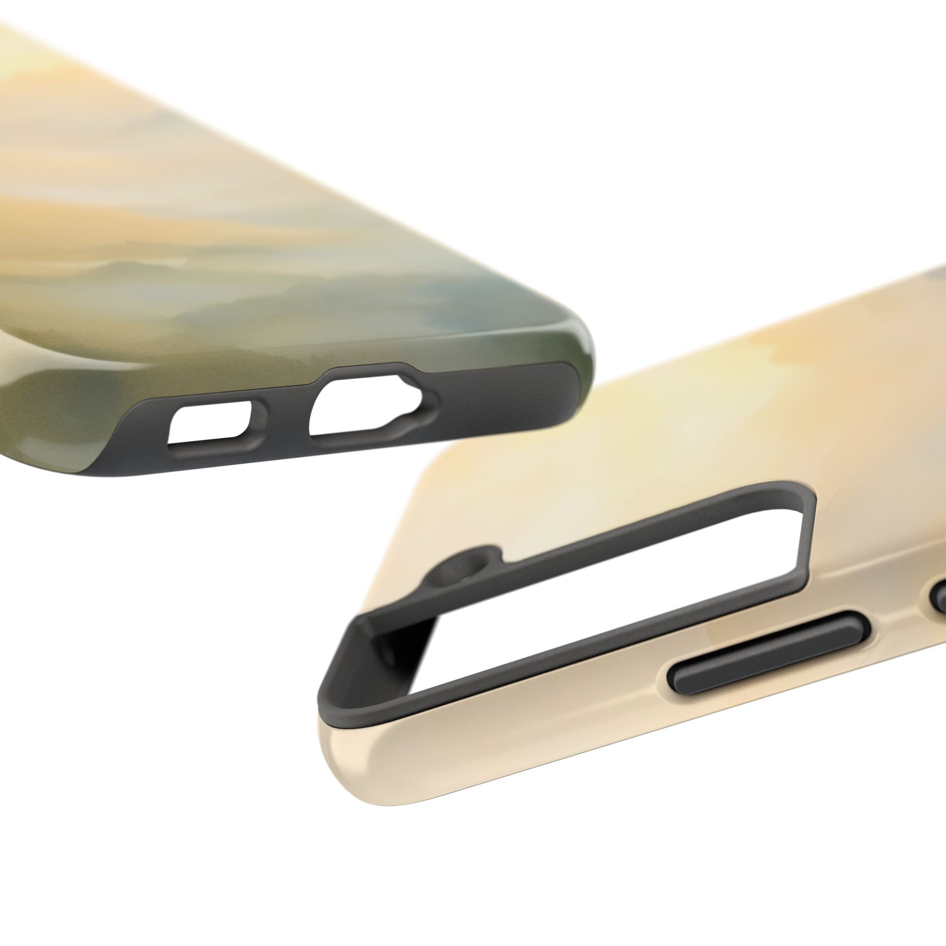 Close-up of two abstract pastel phone cases with soft yellow and green gradient design.