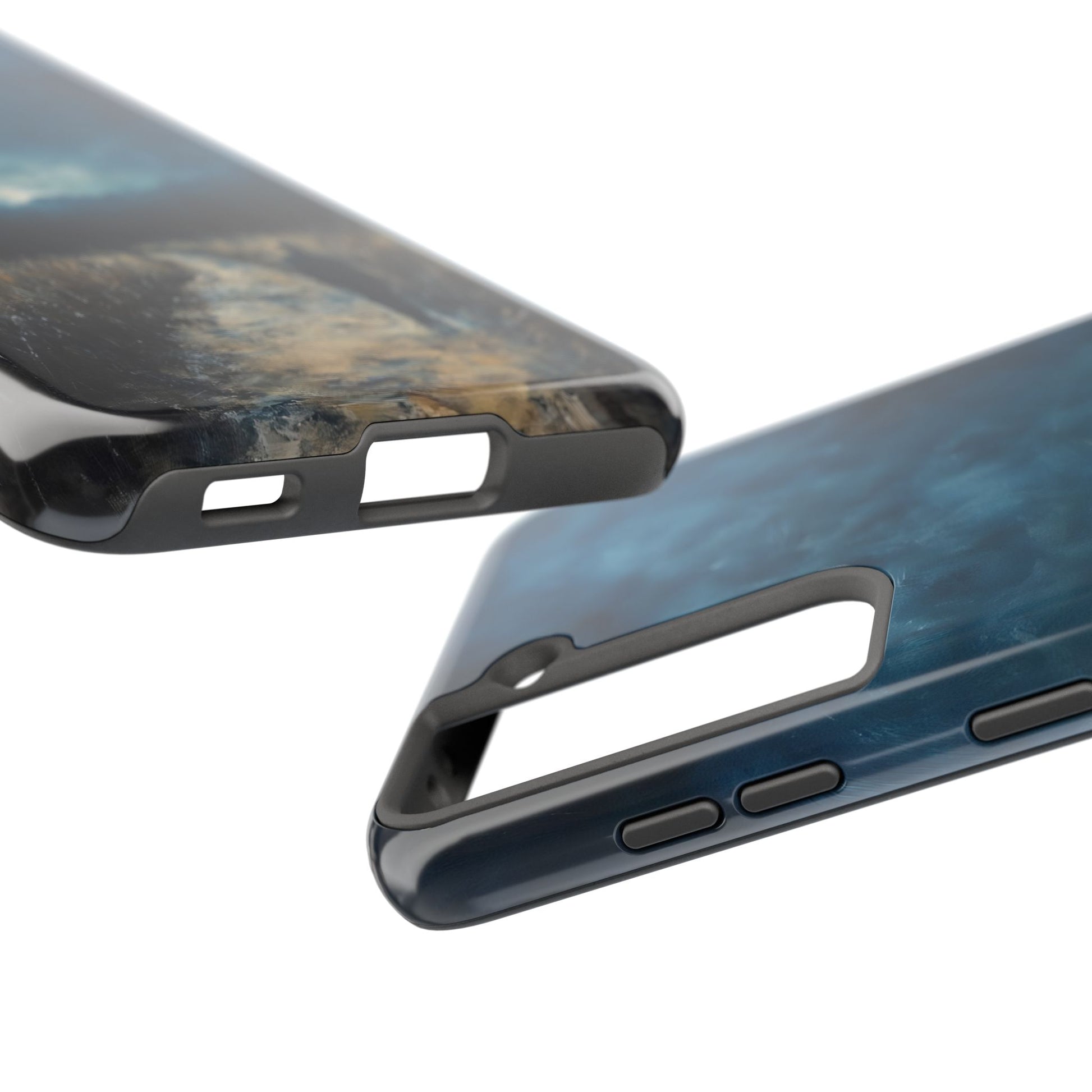 Christian abstract art phone case with blue and earthy tones, close-up of cutouts and buttons