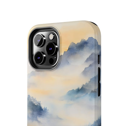 Phone case with serene watercolor mountain and mist landscape design