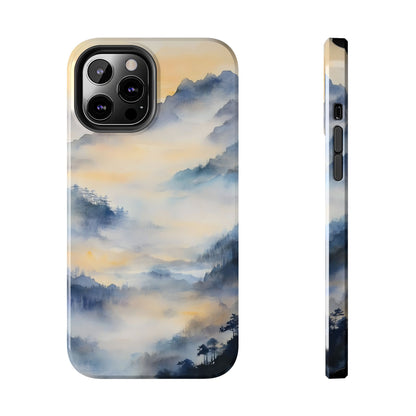 iPhone case with misty mountain landscape watercolor design in soft blue and yellow hues