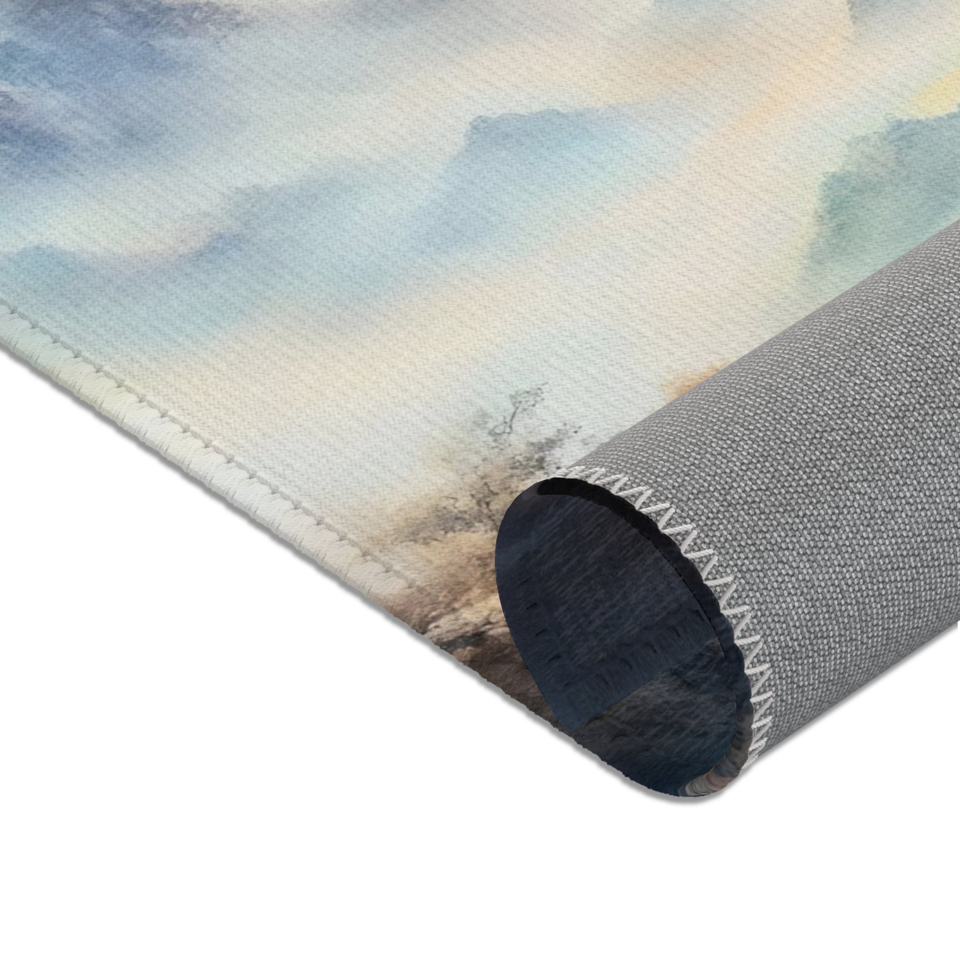 Rolled canvas wall art featuring a serene pastel watercolor landscape design