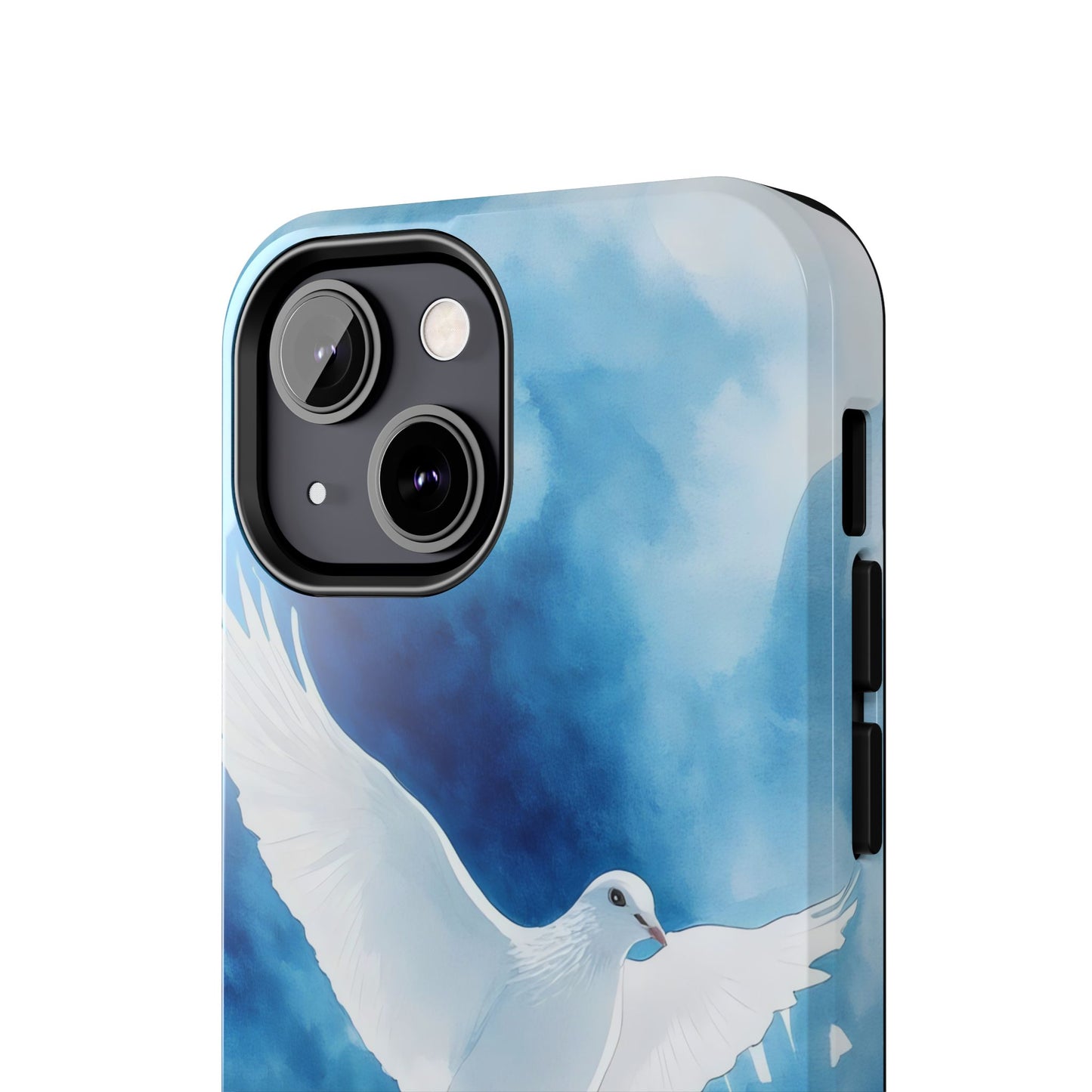 Christian phone case with white dove and blue watercolor background, faith-inspired design