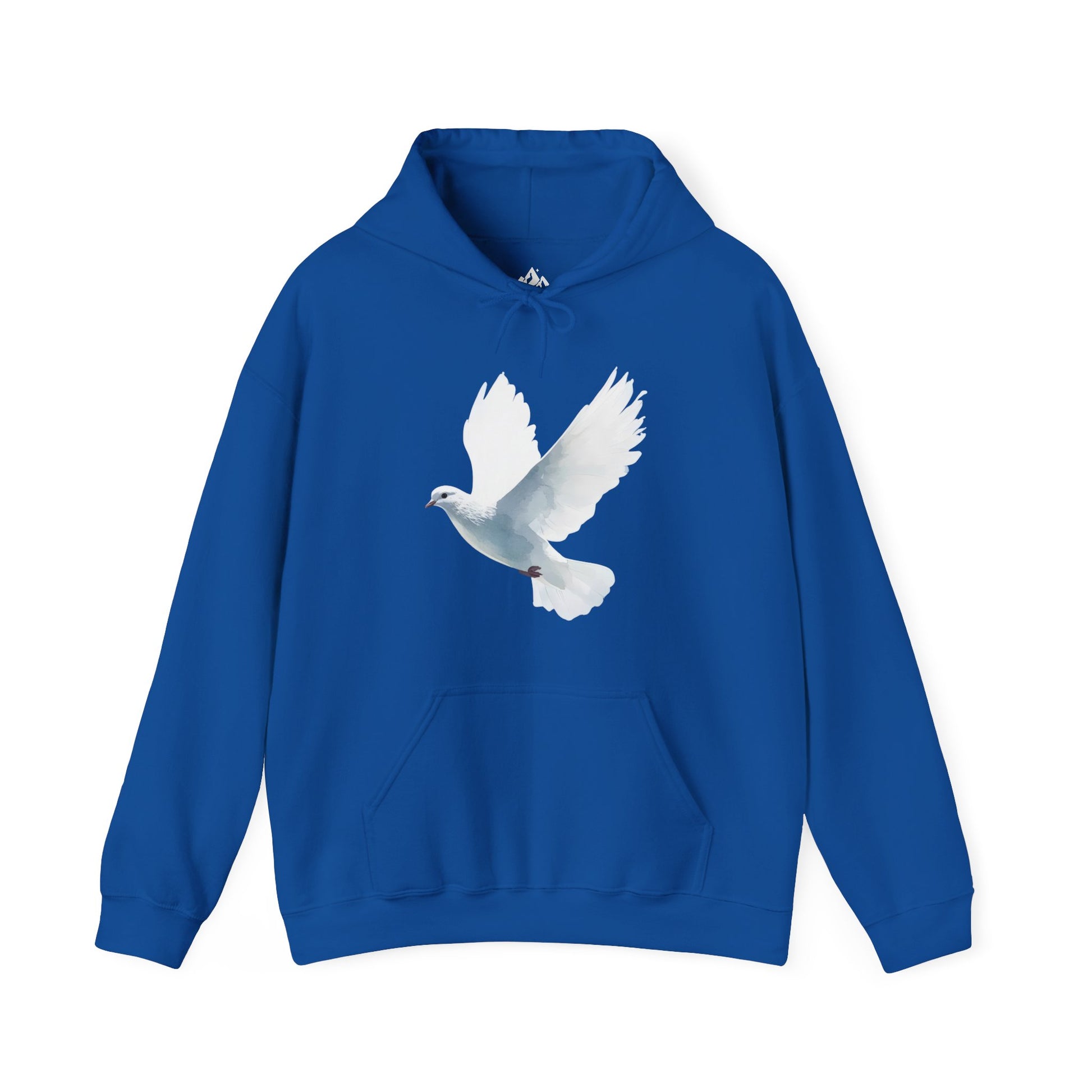 Blue hoodie with white dove graphic, Christian spiritual apparel, faith-inspired clothing