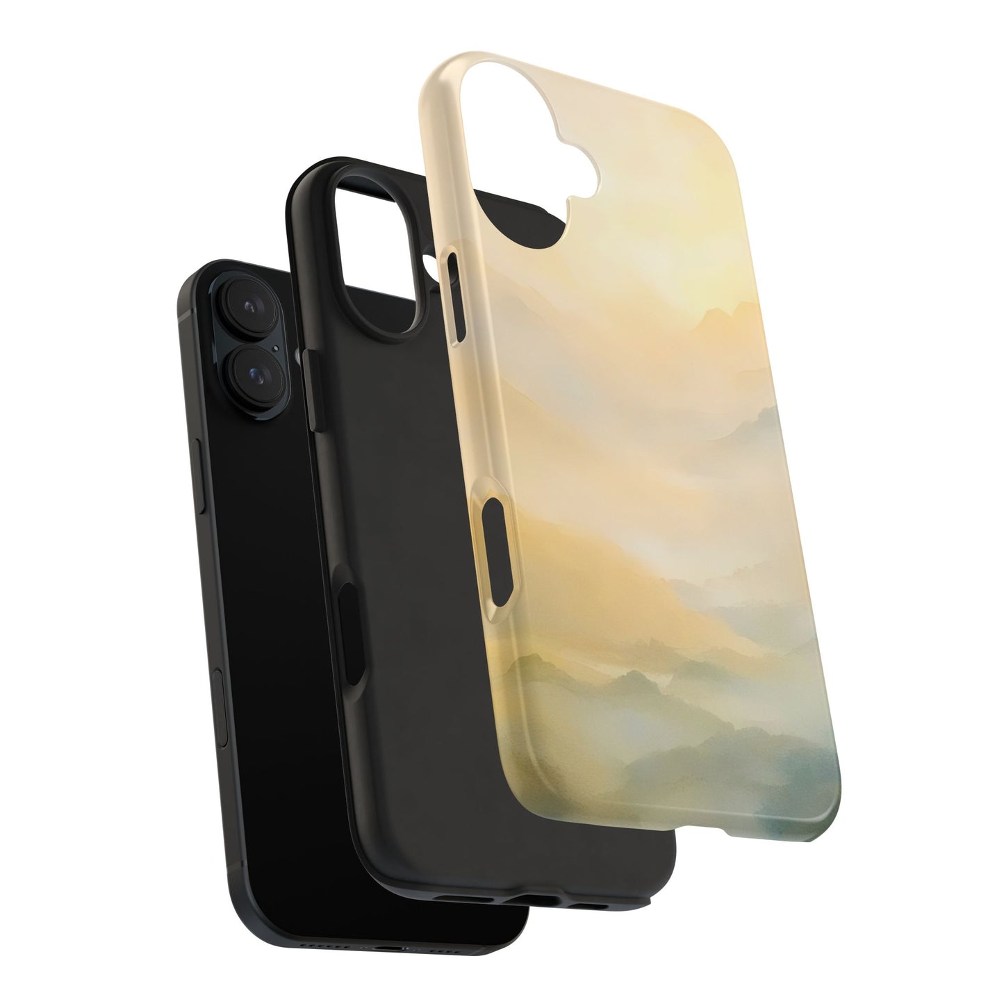 Minimalist phone case with soft pastel mountain landscape design, protective cover