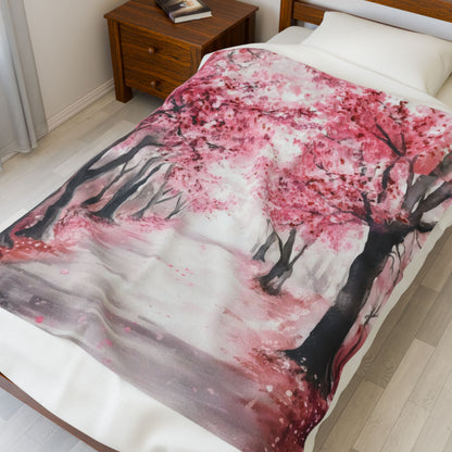 Cherry Blossom Path Velveteen Plush Blanket — folded blanket product view