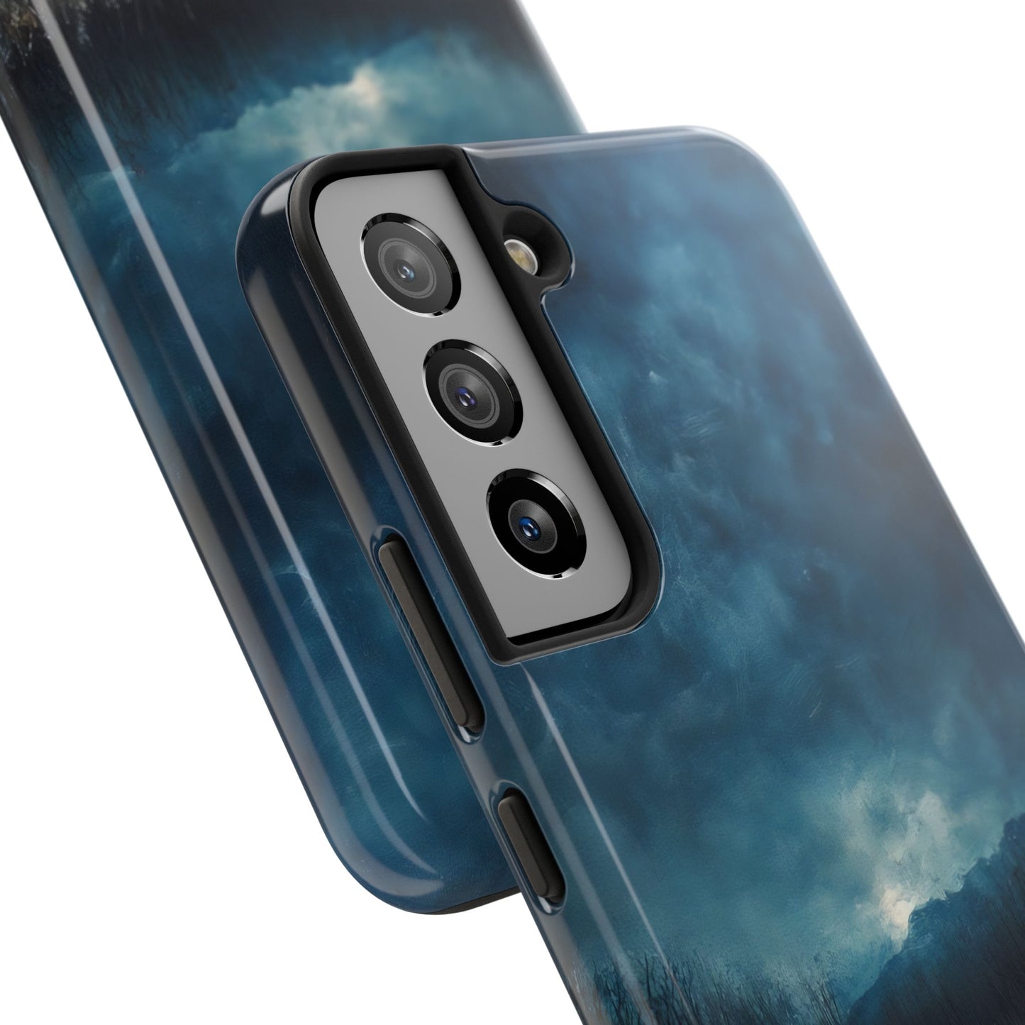 Close-up of phone case with serene blue sky and clouds artistic design for spiritual decor