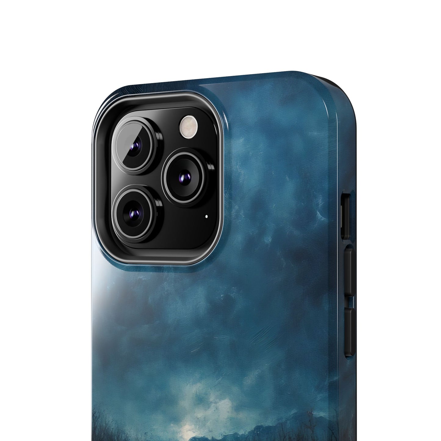 iPhone case with serene blue sky and cloud art, minimalist Christian phone accessory