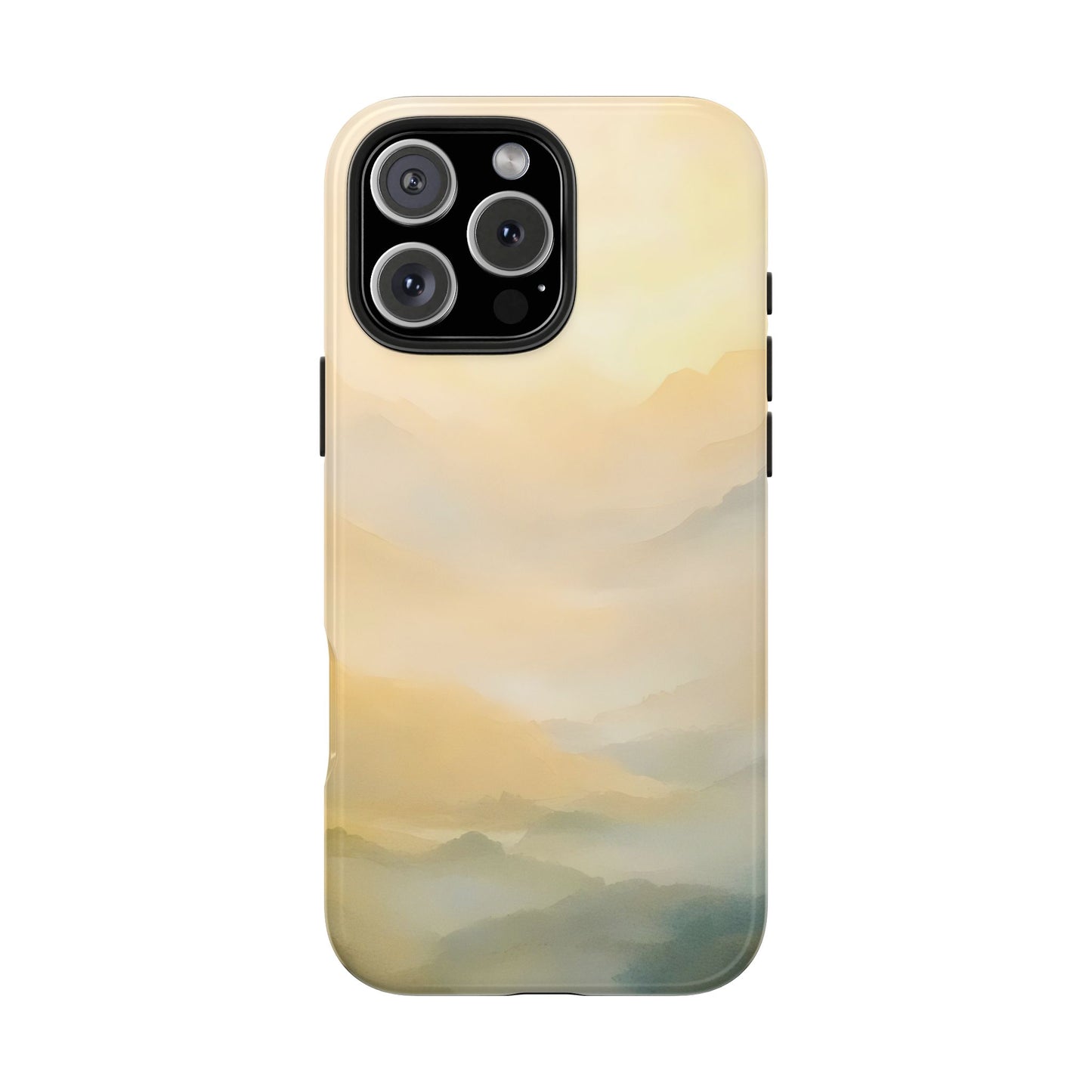 Phone case with serene pastel mountain landscape, spiritual minimalist design.