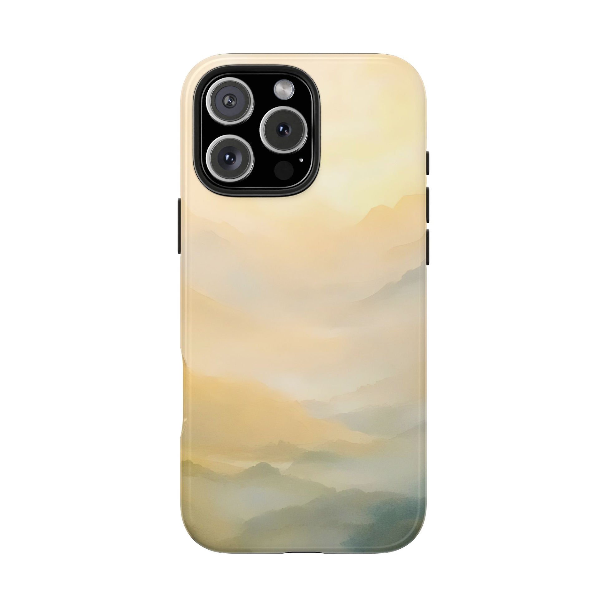 Phone case with serene pastel mountain landscape, spiritual minimalist design.