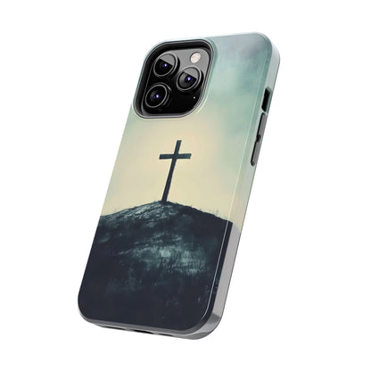 Christian phone case with a cross on a hill and soft gradient background