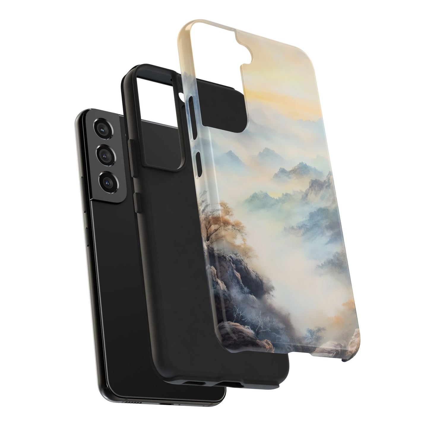 Christian phone case with misty mountain landscape painting in soft, peaceful colors