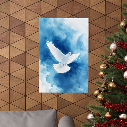 Christian wall art with white dove on blue watercolor background, modern living room decor, Christmas tree with ornaments