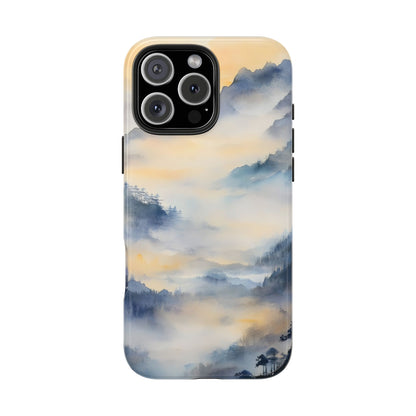 Phone case with serene watercolor mountain and mist landscape design in blue and gold tones