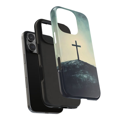 Christian phone case with cross on hill design, faith-inspired smartphone accessory